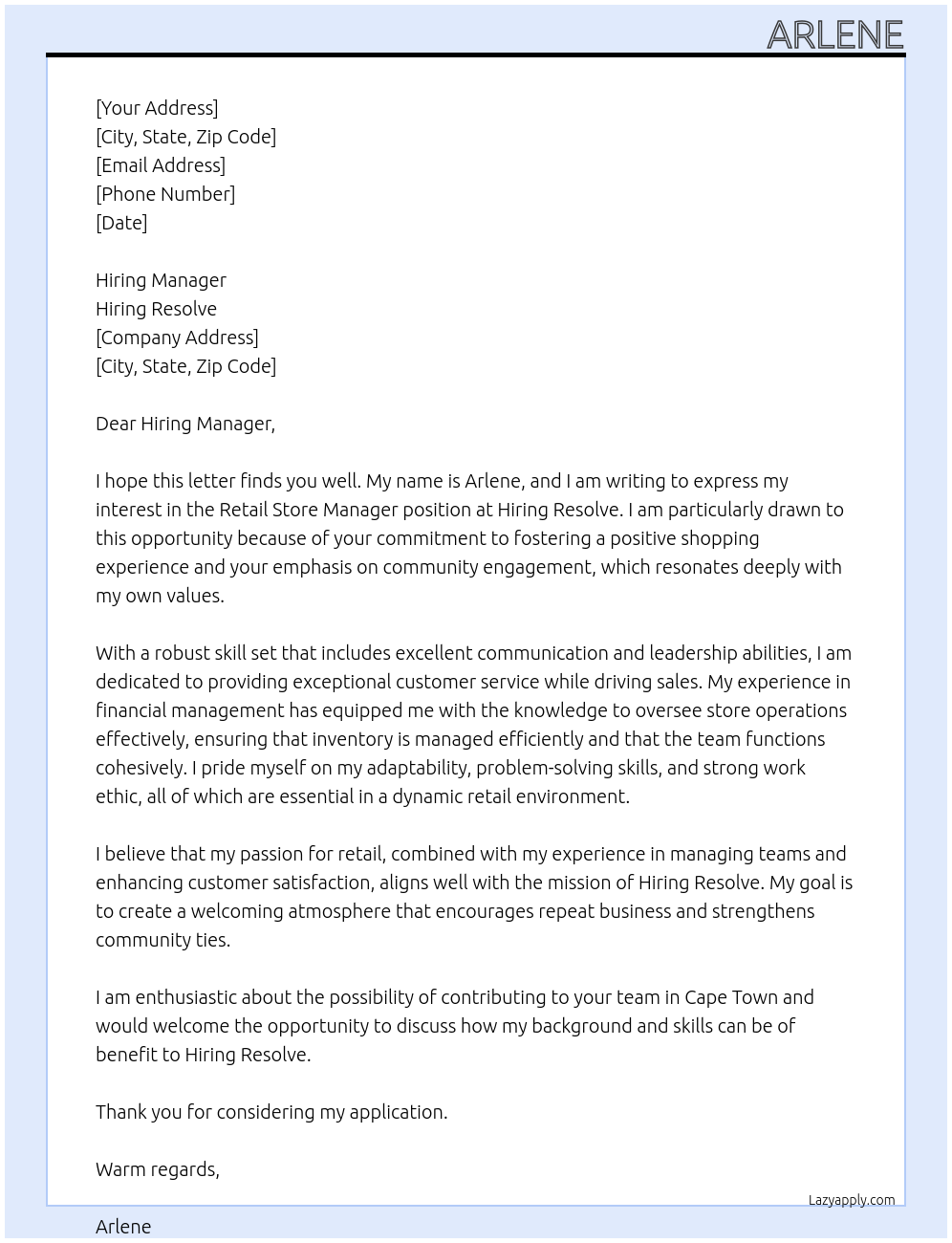 retail store manager At hiring resolve Cover Letter