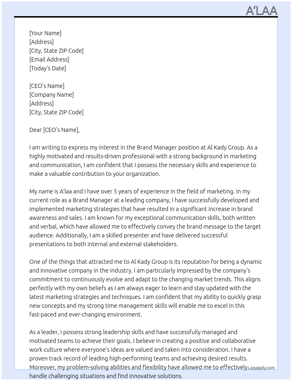 Brand manager At Al Kady Group Cover Letter