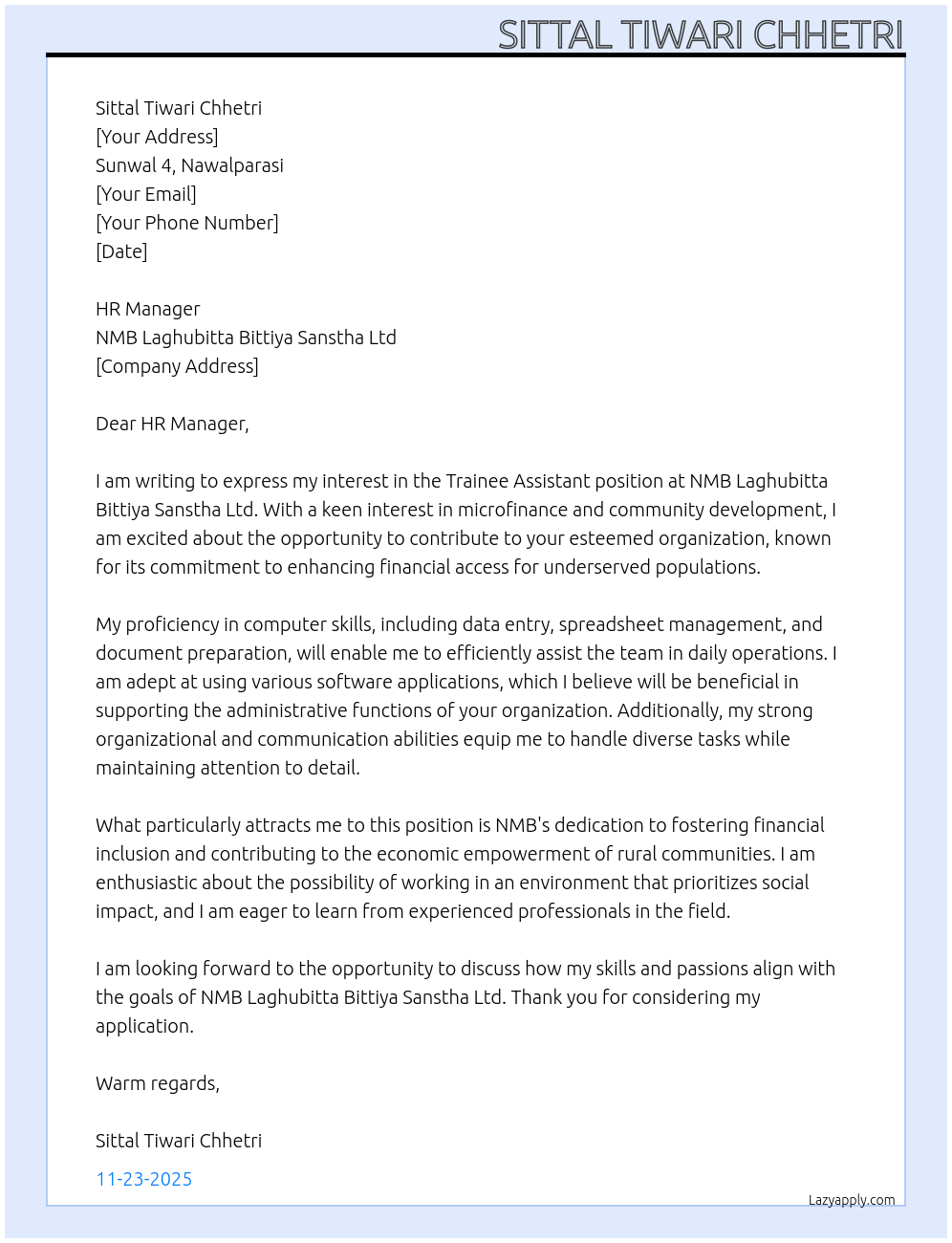 Trainee Assistant At NMB laghubitta bittiya sanstha ltd Cover Letter