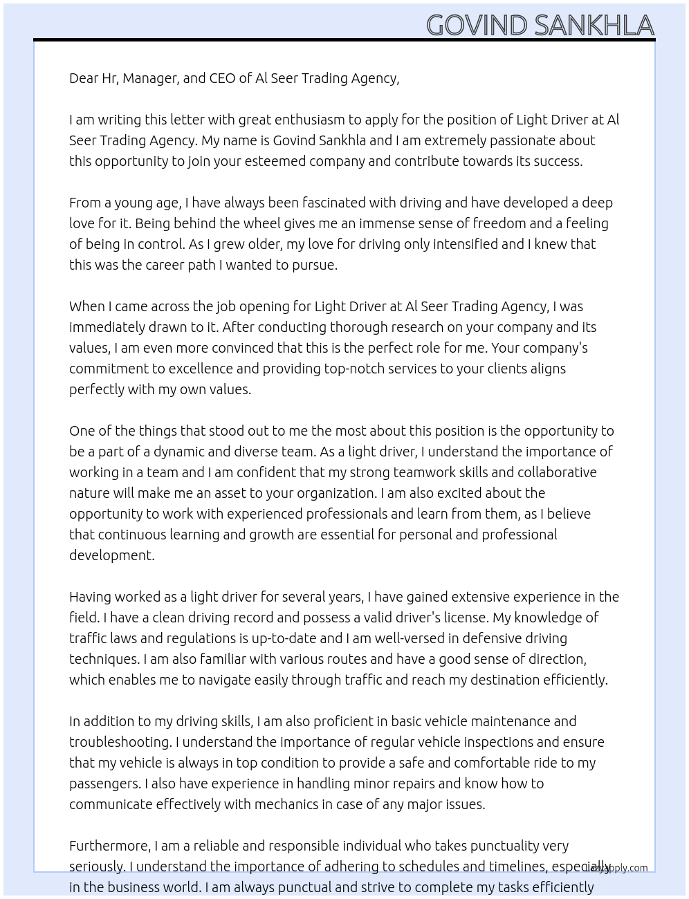 Light driver At Al seer trading agency Cover Letter