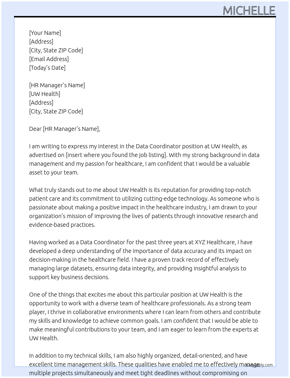 Data Coordinator At UW Health Cover Letter