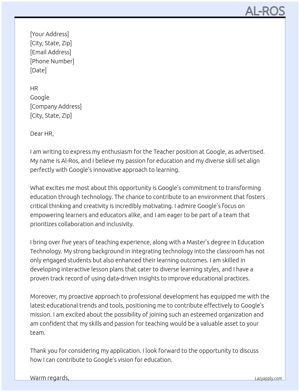 Teacher At Google Cover Letter