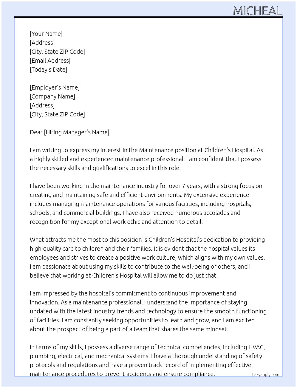 maintenance At childrens hospital Cover Letter
