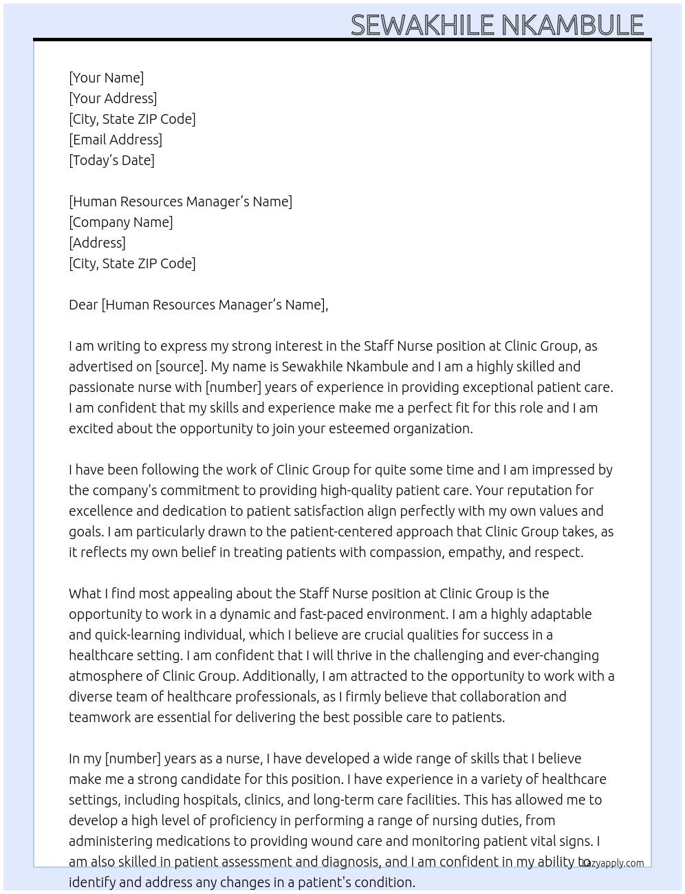 Staff nurse At Clinic group Cover Letter