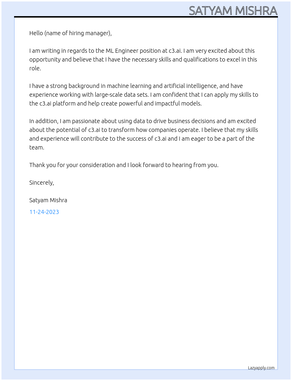 ML ENGINEER At c3.ai Cover Letter
