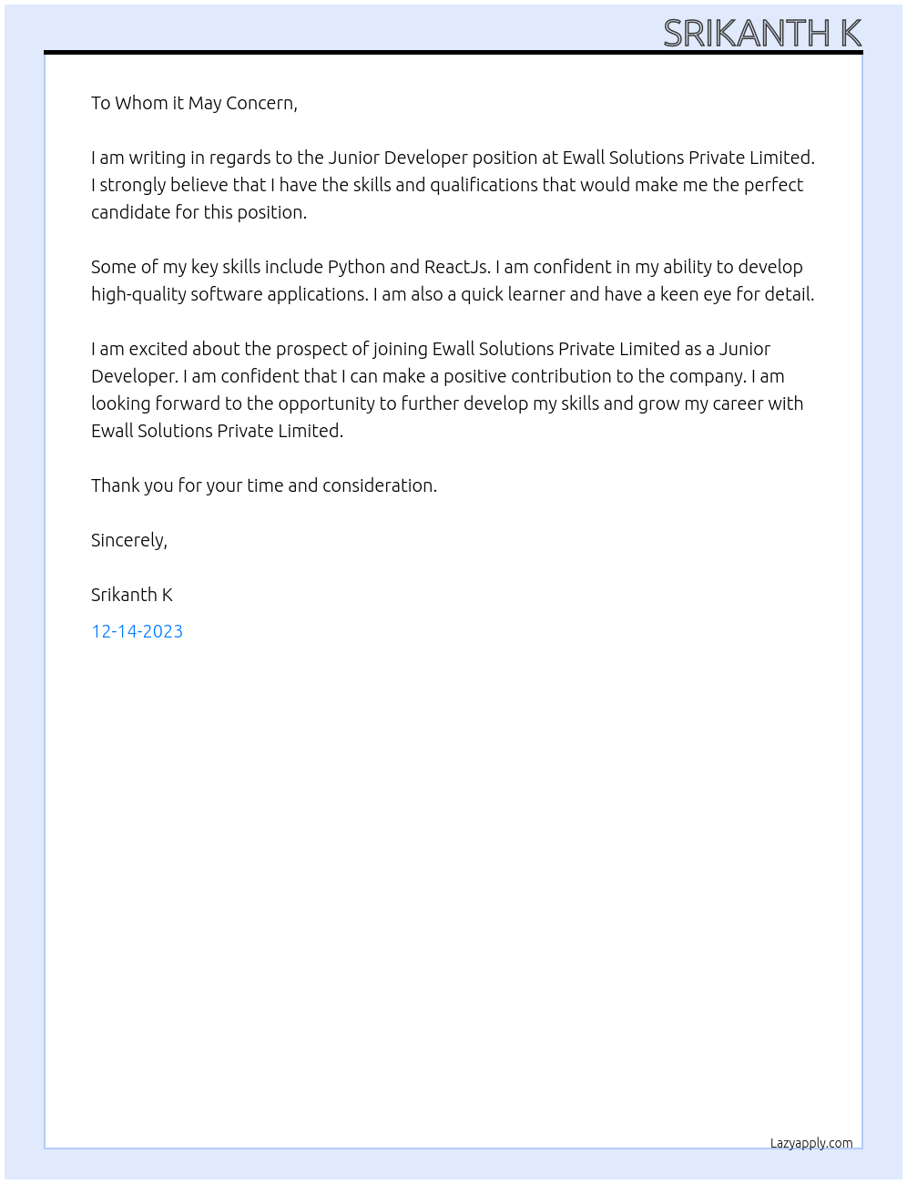 Junior Developer At Ewall Solutions Private Limited Cover Letter