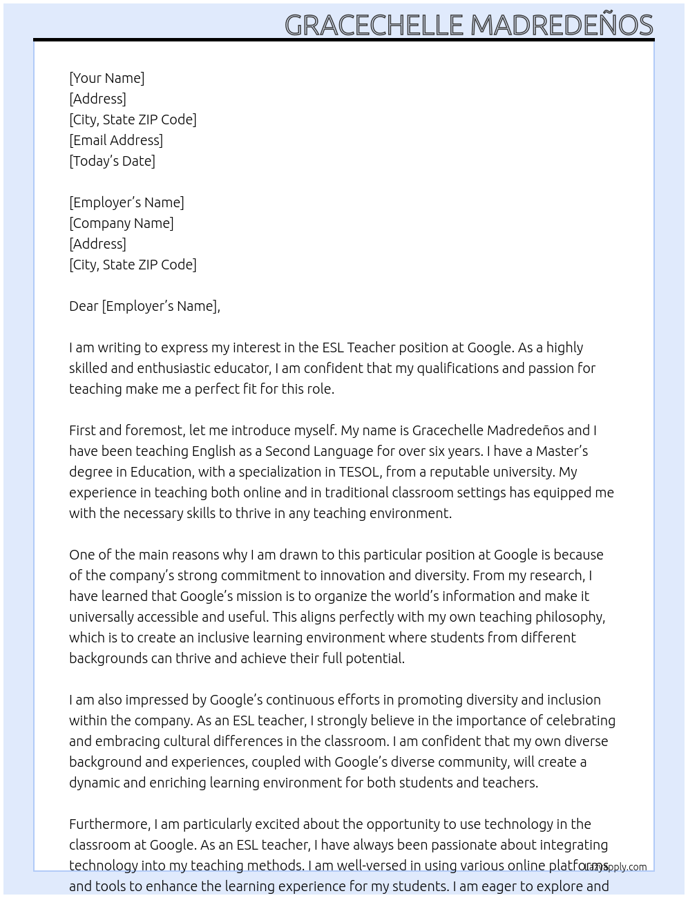 Esl teacher At Google Cover Letter