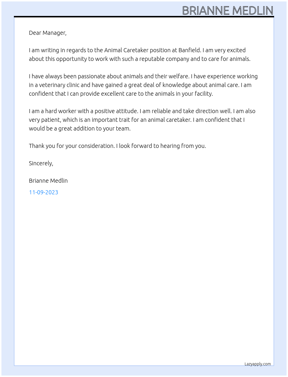 Animal Caretaker At Banfield Cover Letter