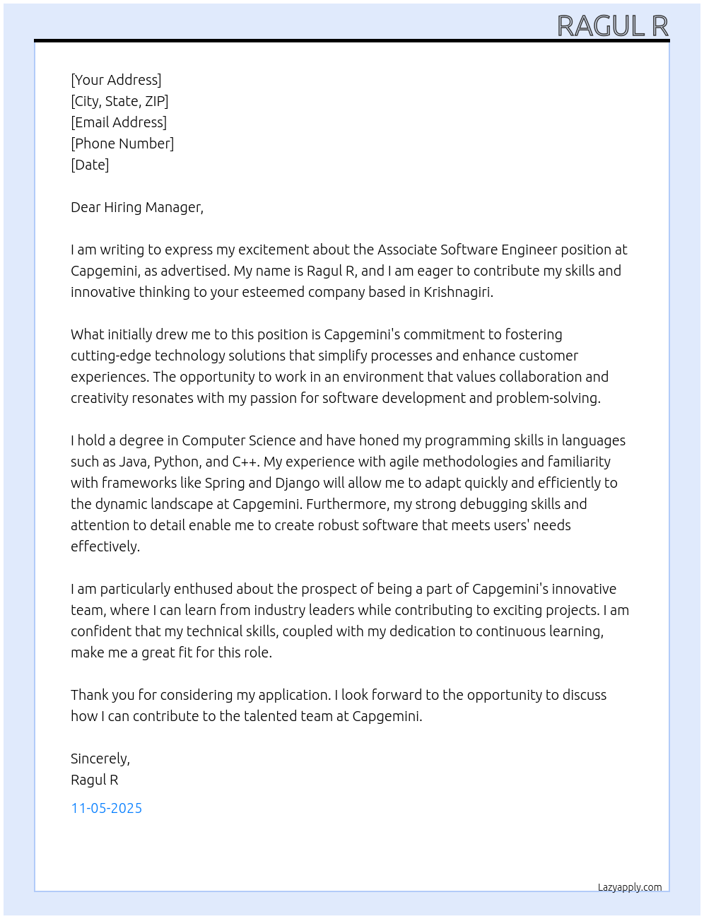 Associate Software engineer At Capgemini Cover Letter