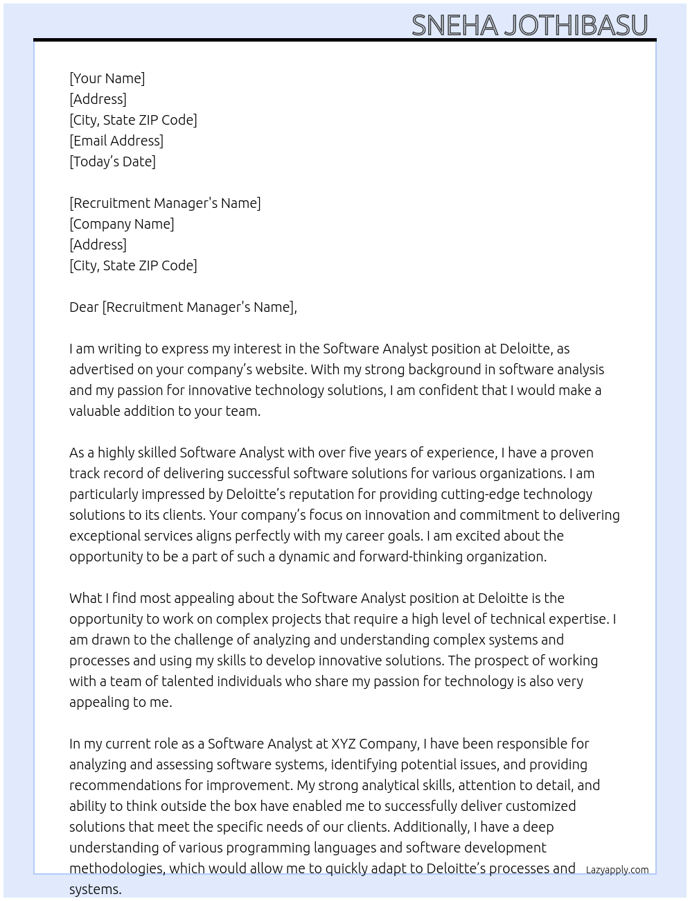 Software Analyst At deloitte Cover Letter