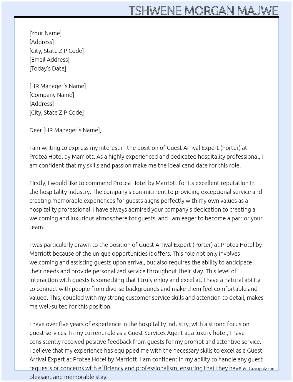 Guest Arrival Expert (Porter)  At Protea Hotel by Marriott  Cover Letter