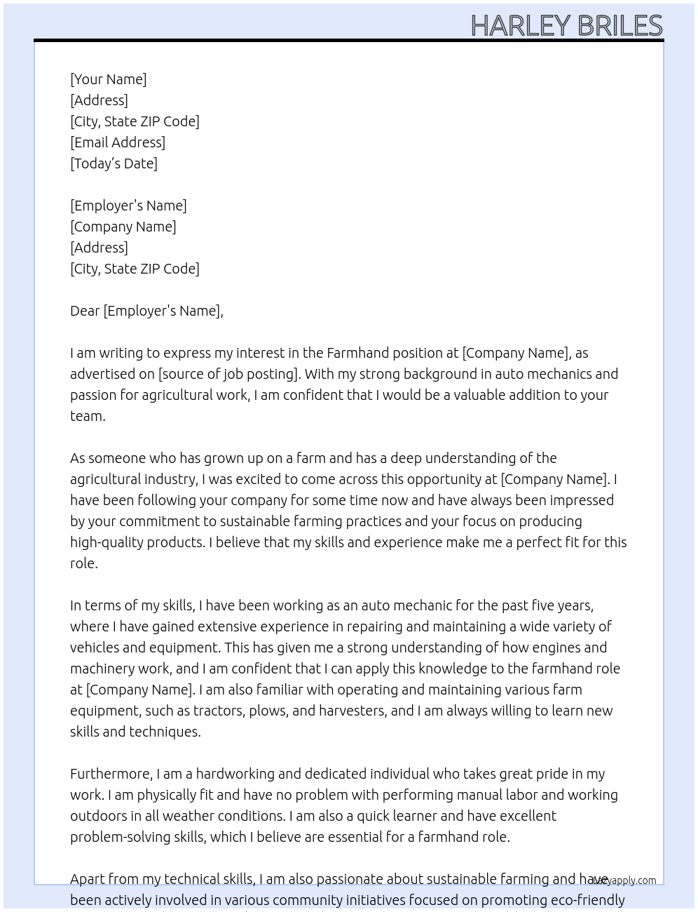 Farmhand At insert name here Cover Letter