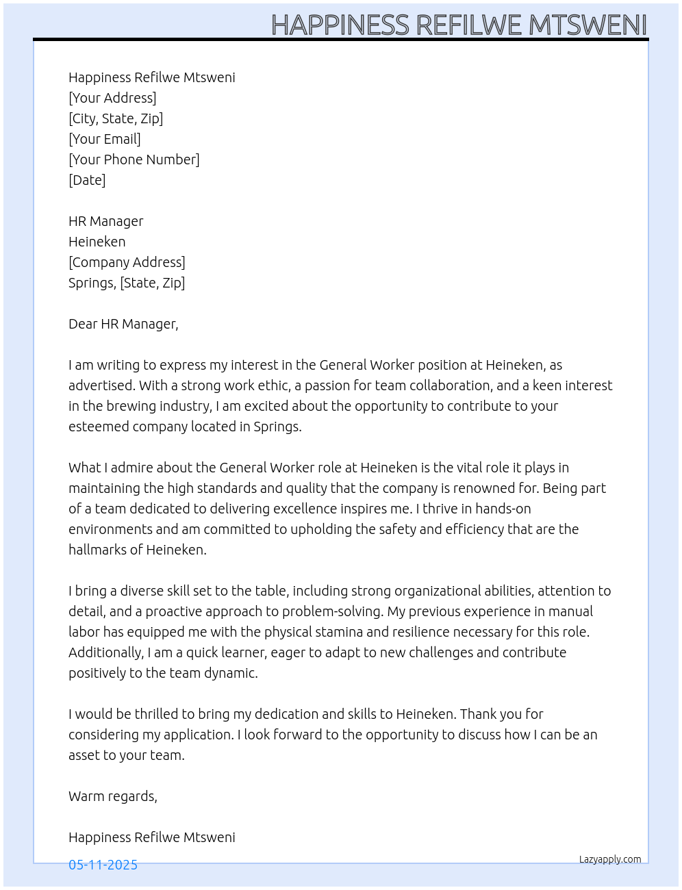 General Worker At Heineken Cover Letter