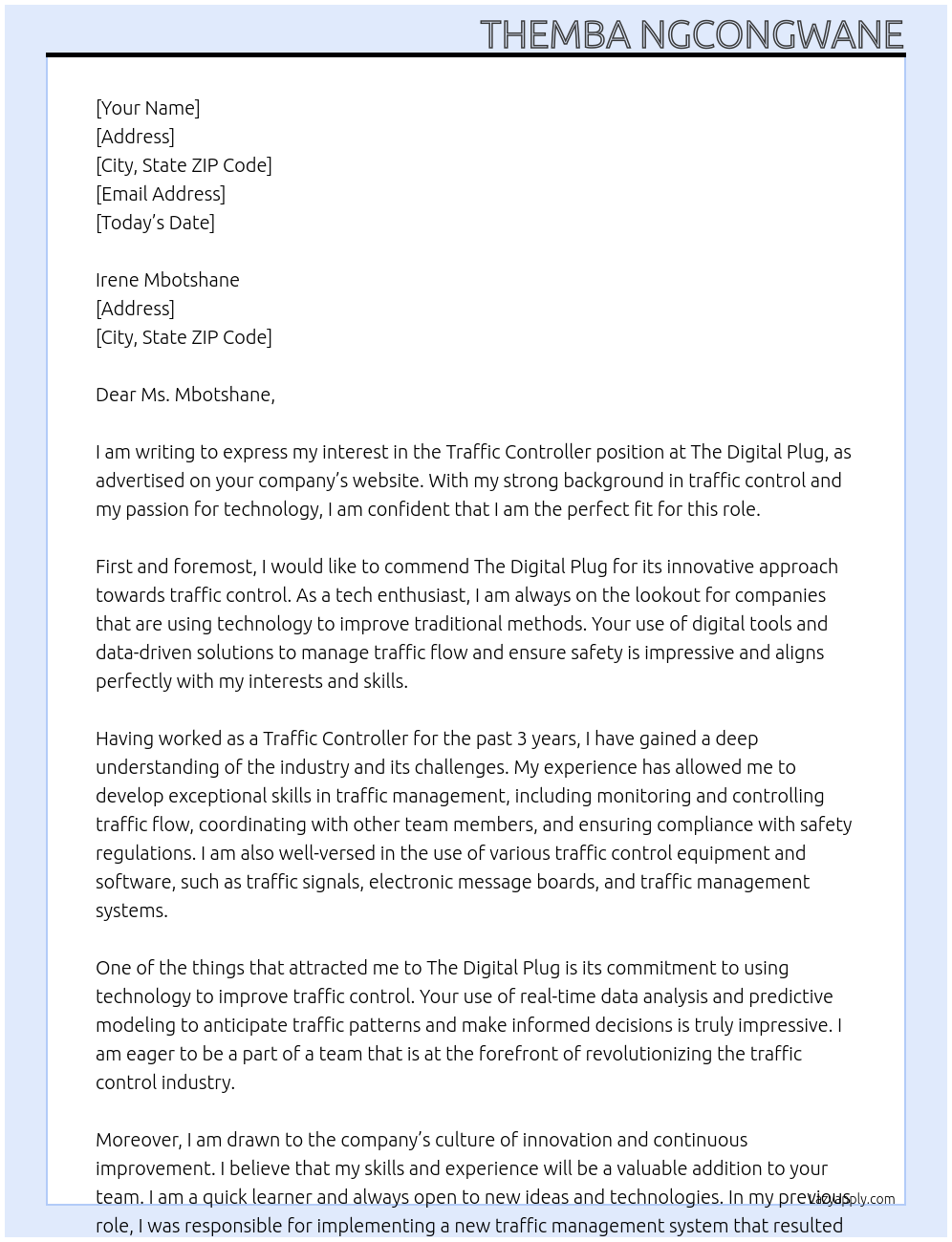Traffic Controller At The Digital Plug Cover Letter