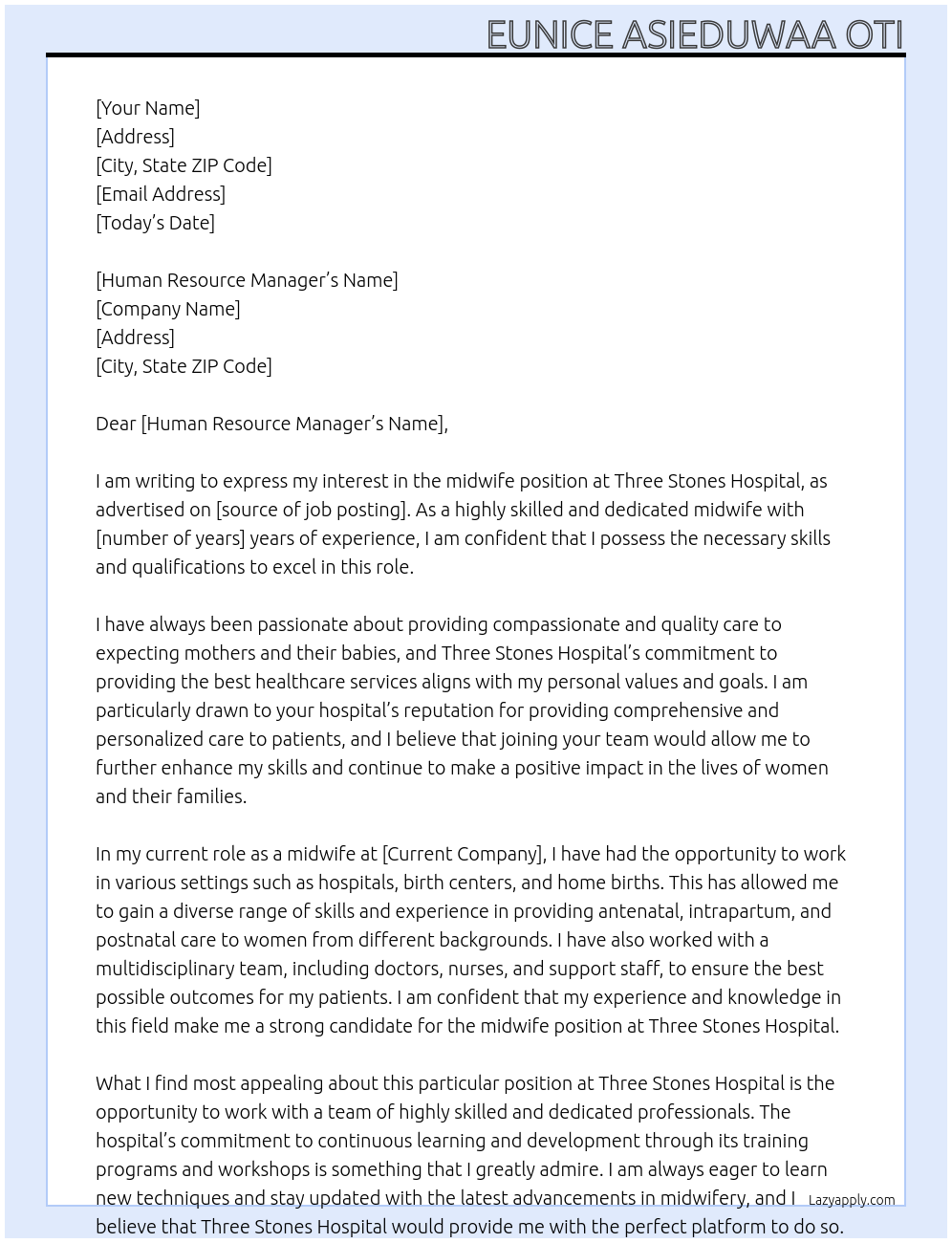 midwife At Three Stones Hospital Cover Letter