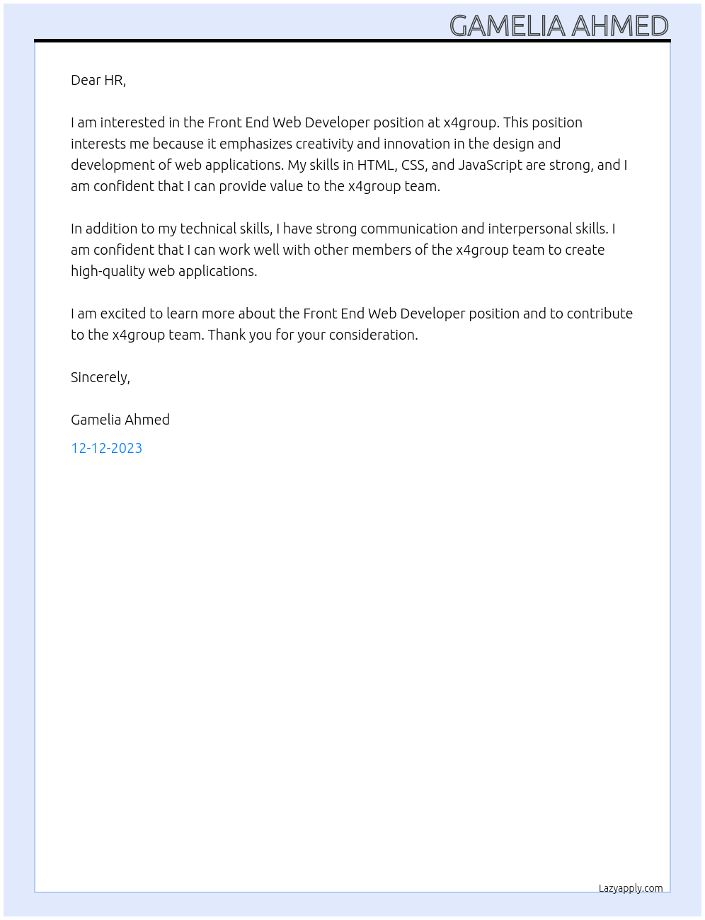 Front End Web Developer At x4group Cover Letter