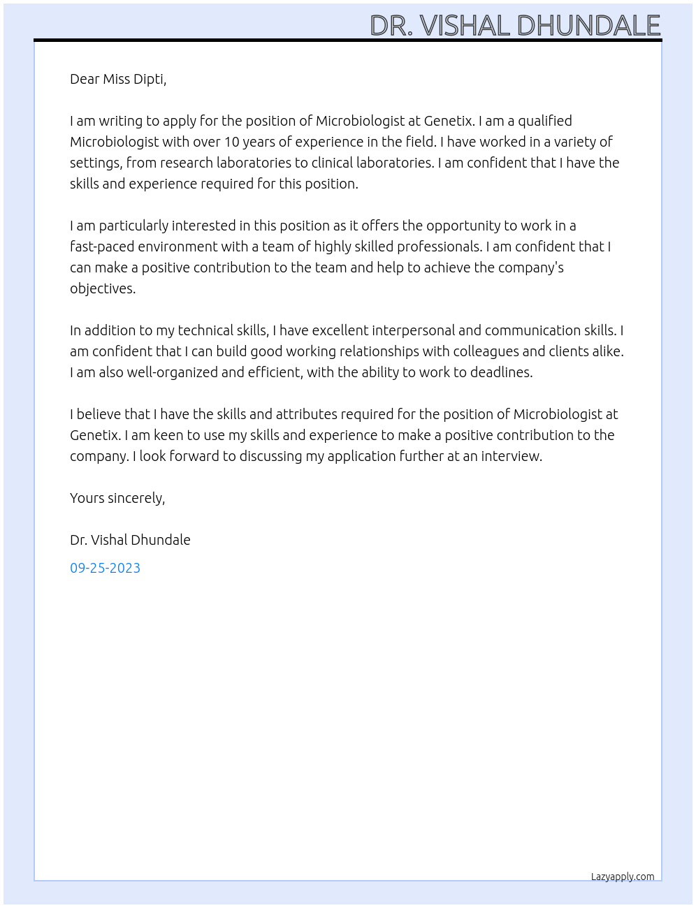 Microbiologist At Genetix Cover Letter