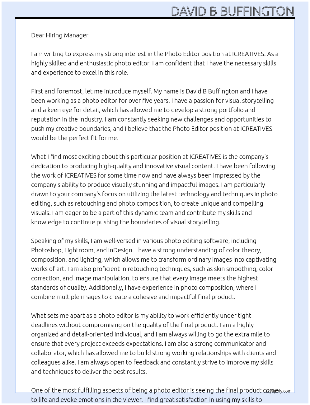 Photo Editor At ICREATIVES Cover Letter