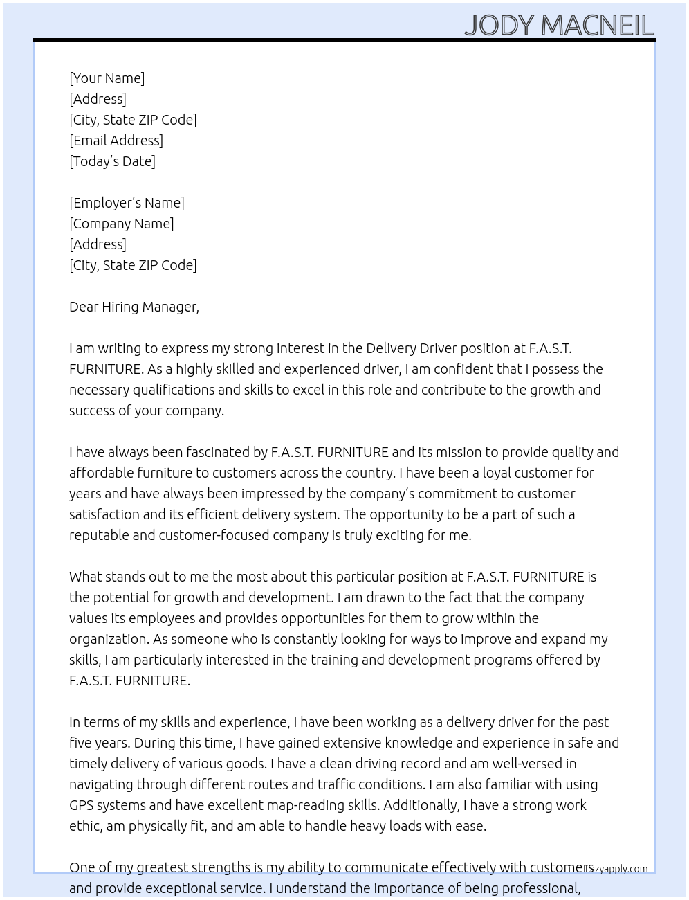 Delivery Driver At F.A.S.T. FURNITURE Cover Letter