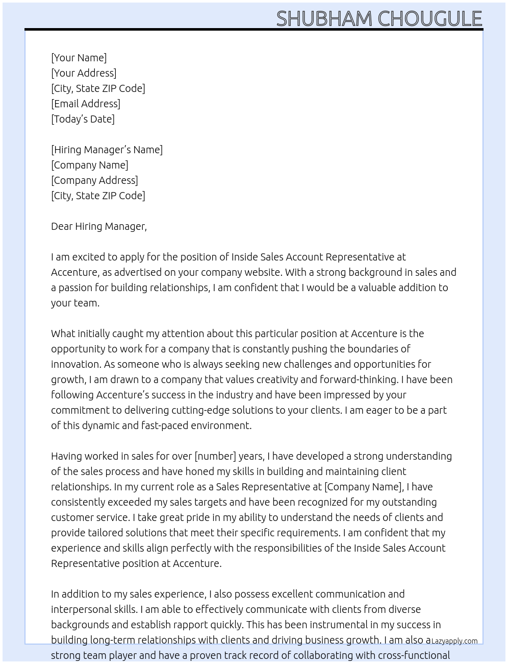 Inside Sales Account Representative At Accenture Cover Letter