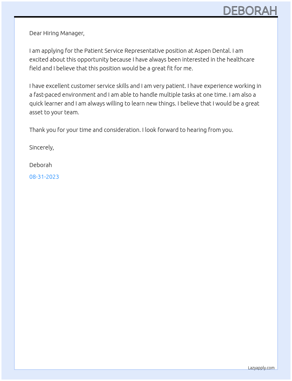 Patient Service Representative At Aspen Dental Cover Letter
