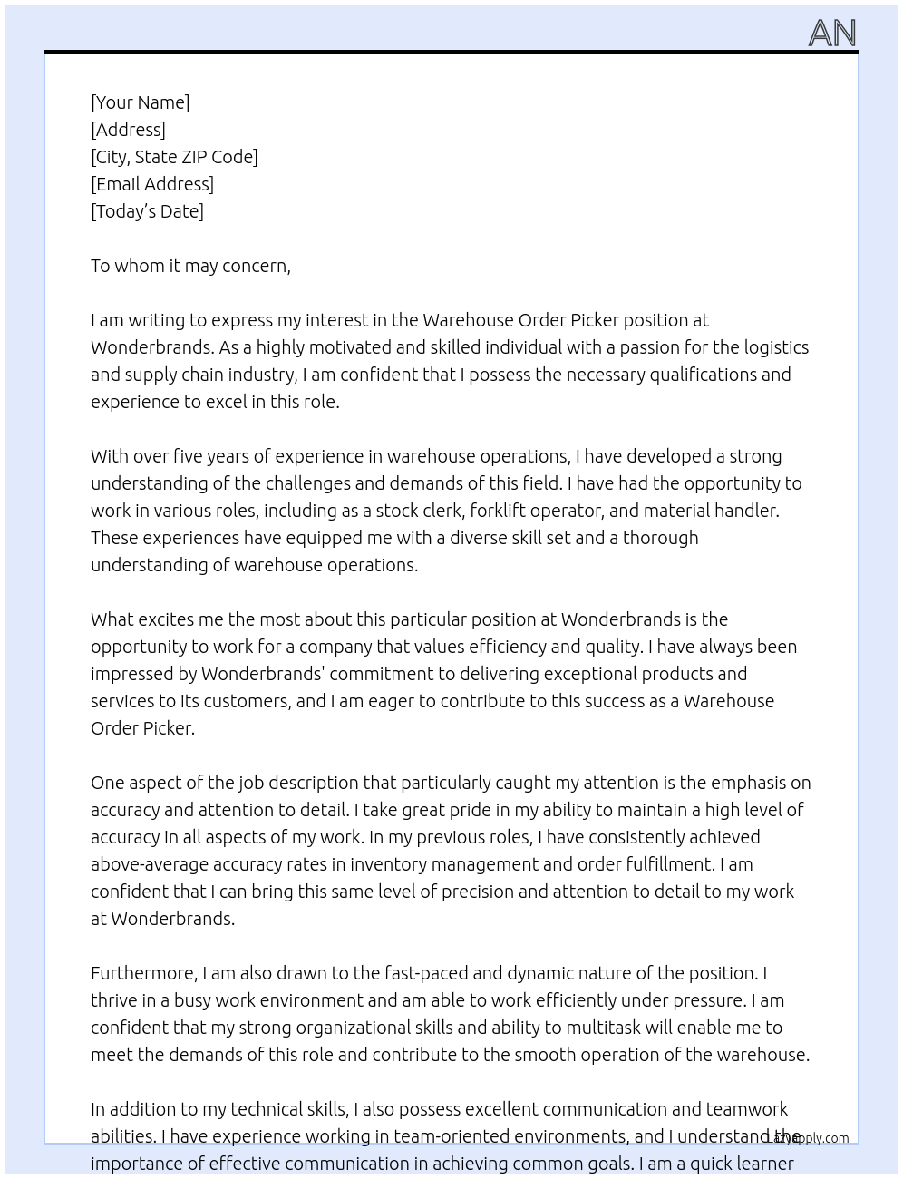 Cover letter for warehouse order picker - LazyApply