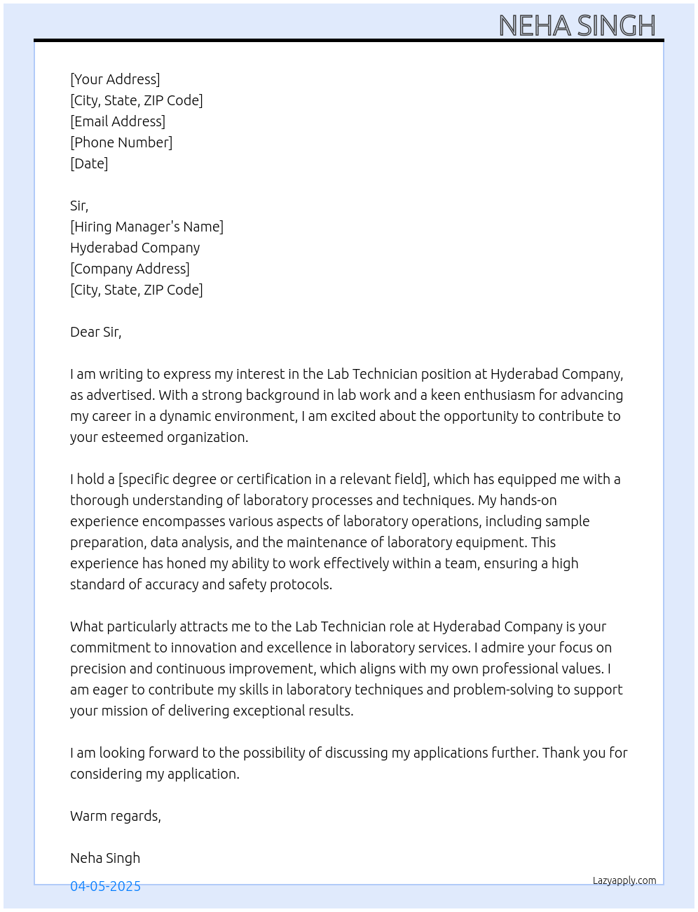 Lab technician At Hyderabad company Cover Letter