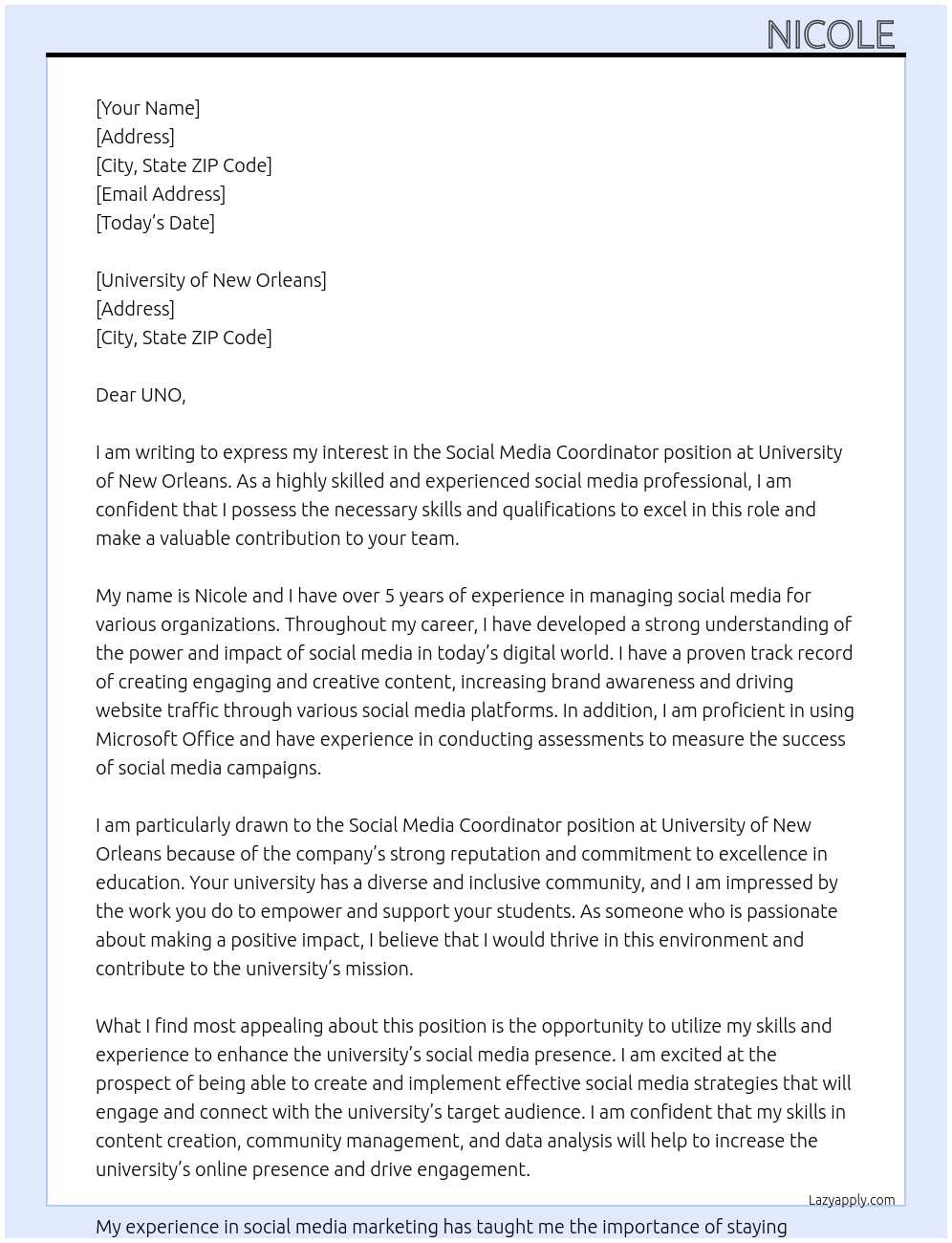 Social media coordinator At University of New Orleans Cover Letter