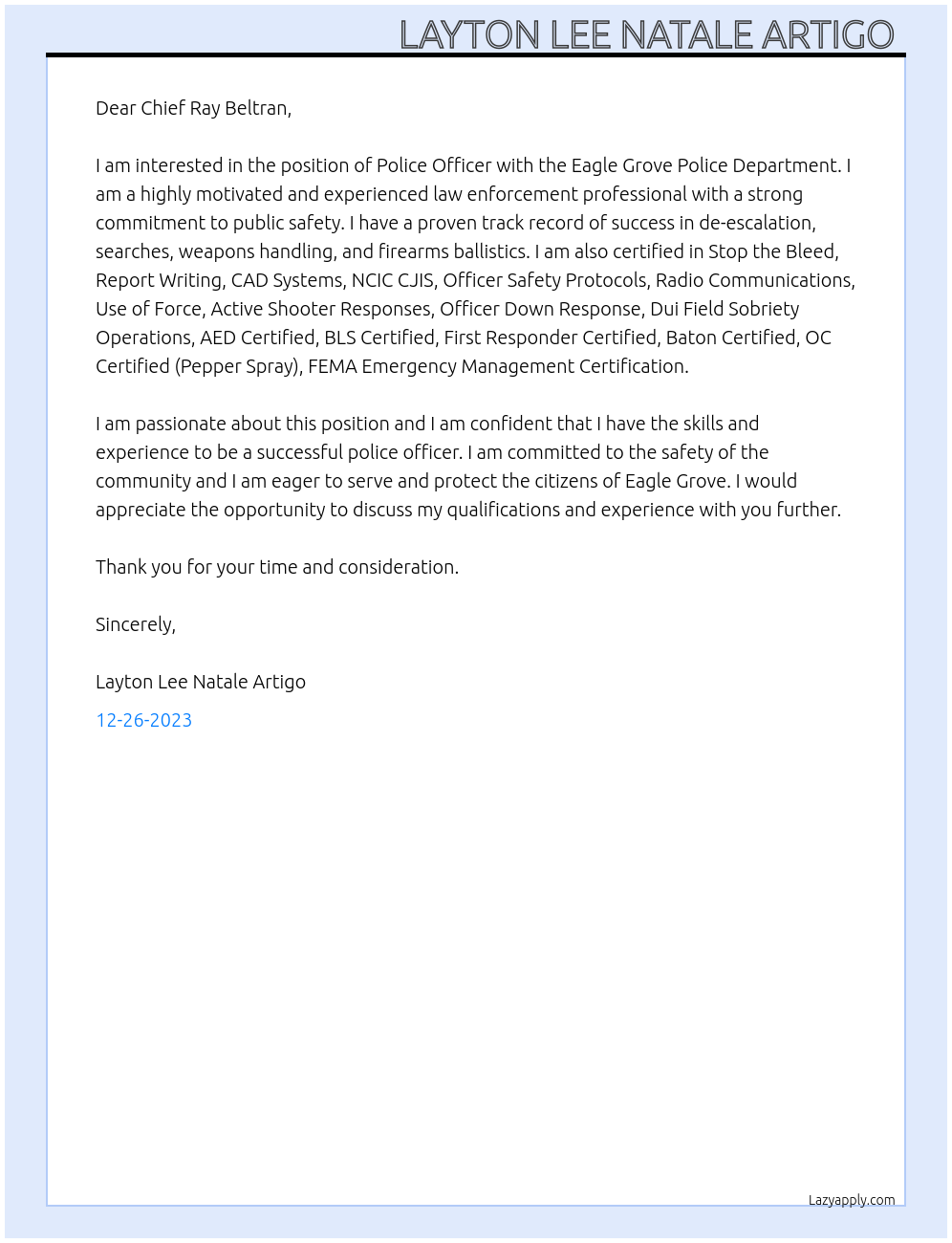 Police Officer At Eagle Grove Police Department Cover Letter