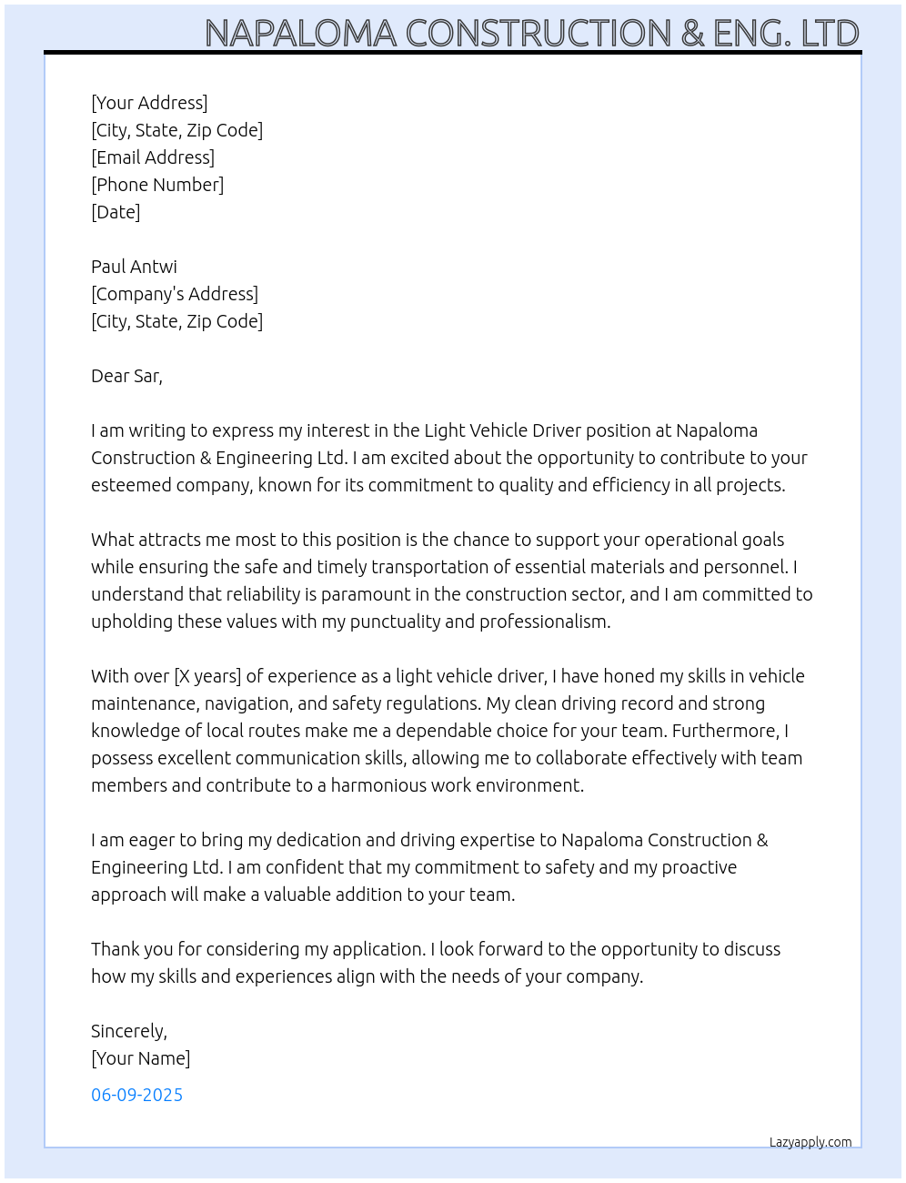 LIGHT VEHICLE DRIVER At PAUL ANTWI Cover Letter