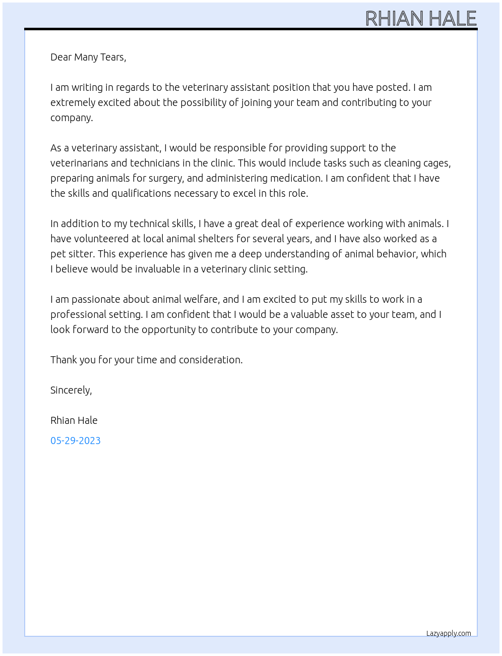 Veterinary Assistant At Many Tears Cover Letter