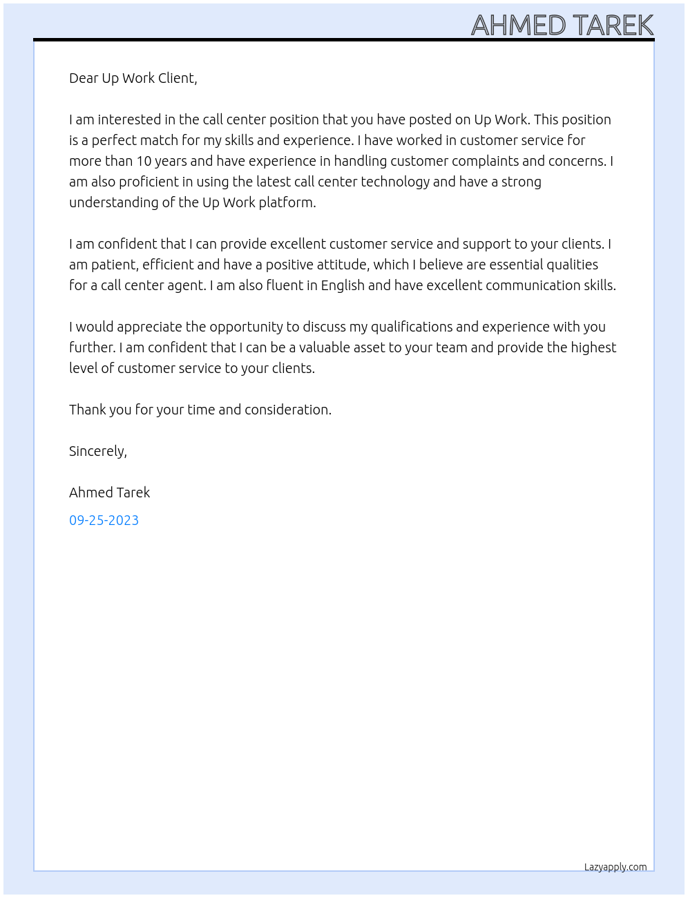 call center At up work Cover Letter