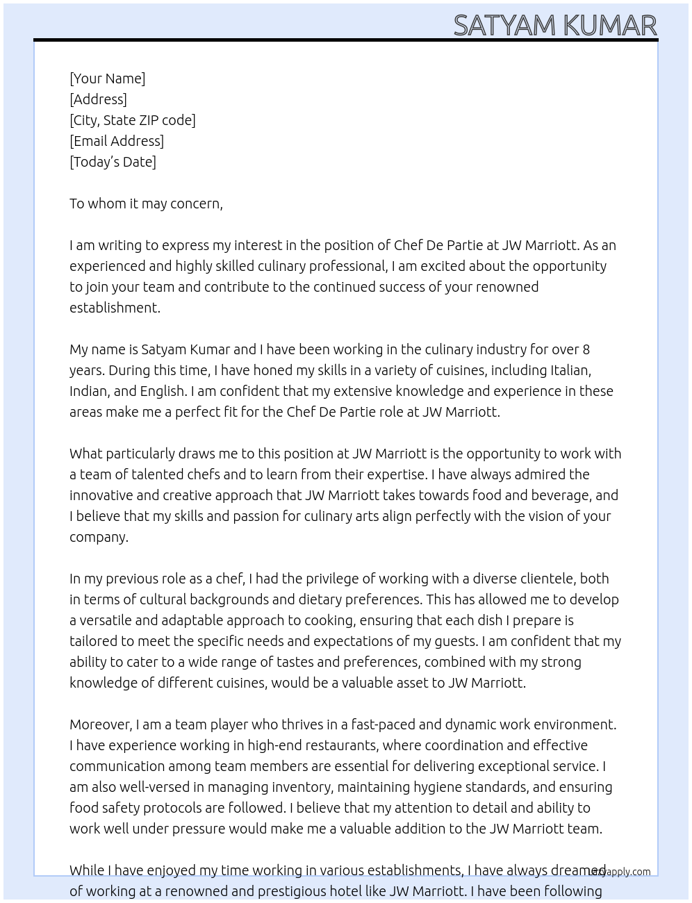Chef De Partie At JW Marriot Cover Letter