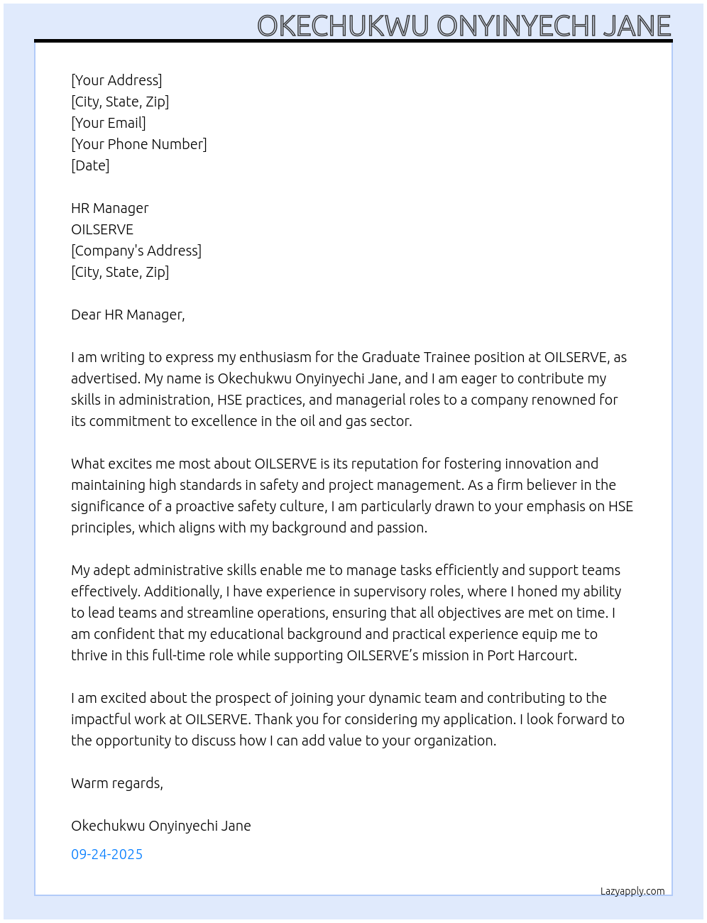 Graduate Trainee At OILSERVE Cover Letter