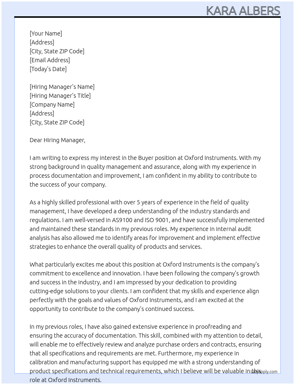 Buyer At Oxford Instruments  Cover Letter