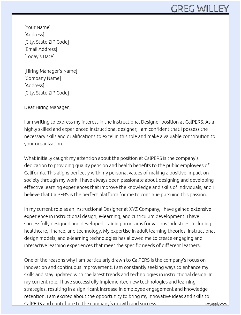 Instructional Designer At CalPERS Cover Letter