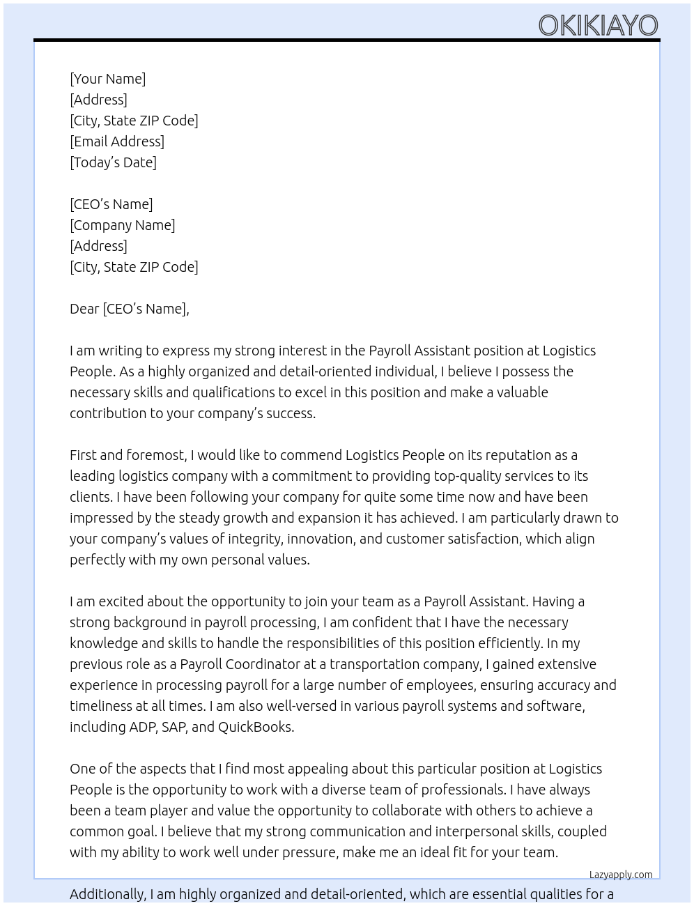 Payroll assistant At Logistics people Cover Letter