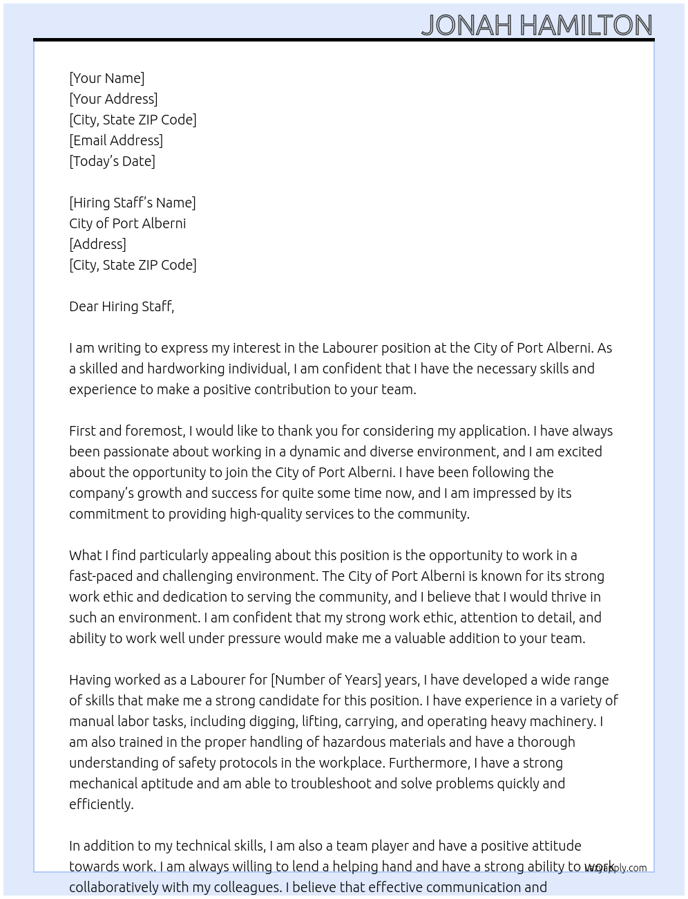 Labourer At City of Port Alberni Cover Letter