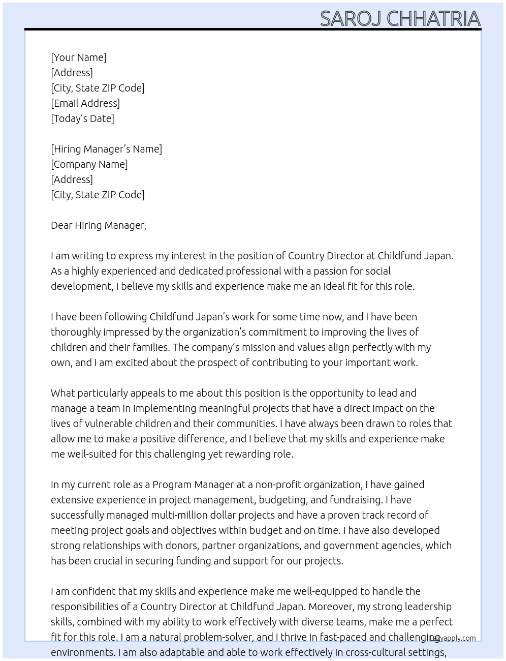 country Director At Childfund Japan Cover Letter