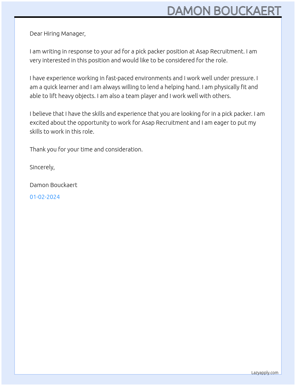 Pick Packer  At Asap Recruitment Cover Letter