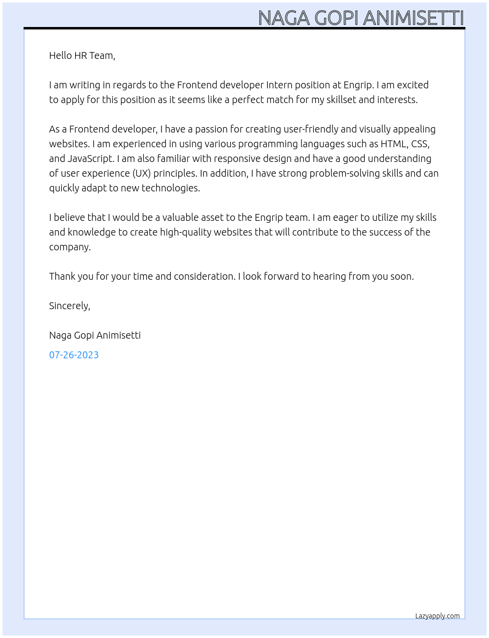 Frontend developer Intern At Engrip Cover Letter