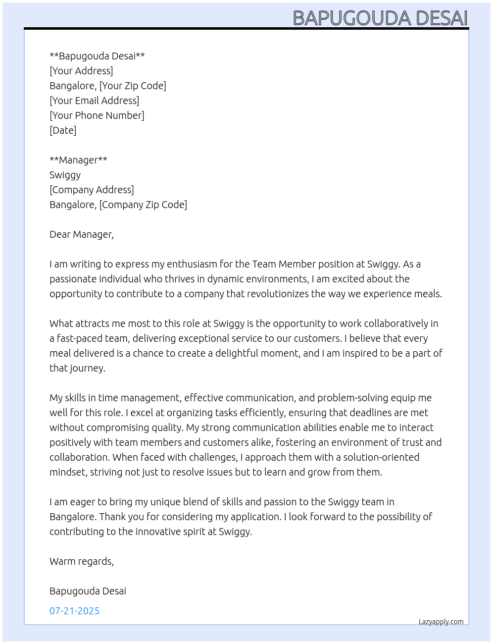 Team member At Swiggy Cover Letter