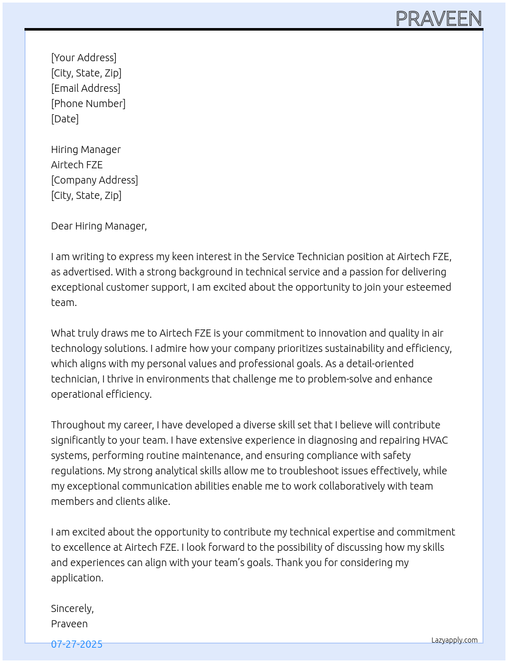 service technician At airtech fze Cover Letter