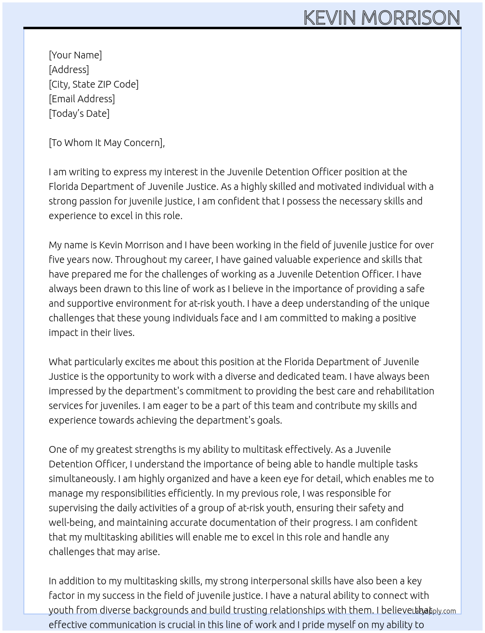 Juvenile Detention Officer  At Florida Department of Juvenile Justice  Cover Letter