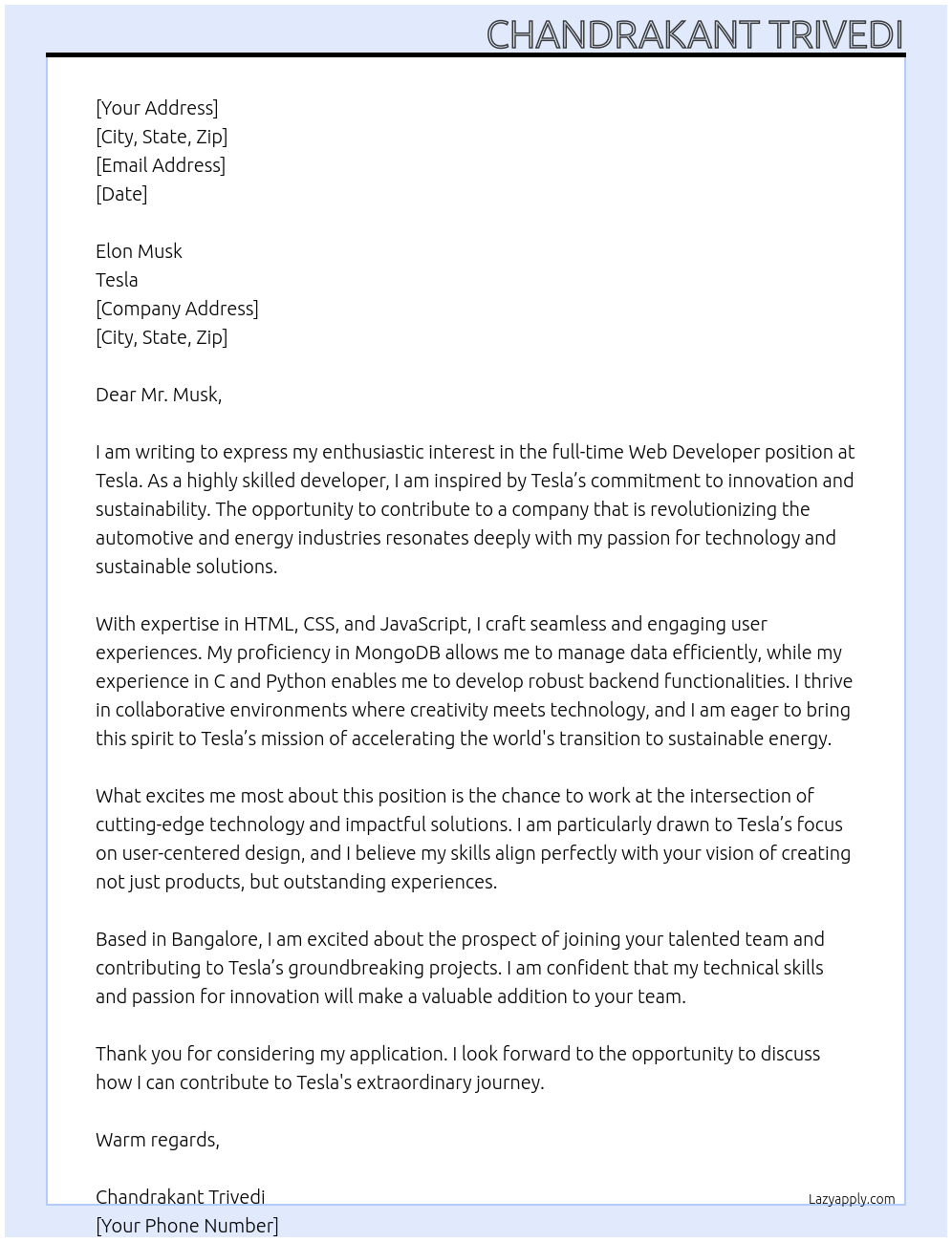 Web developer At Tesla Cover Letter