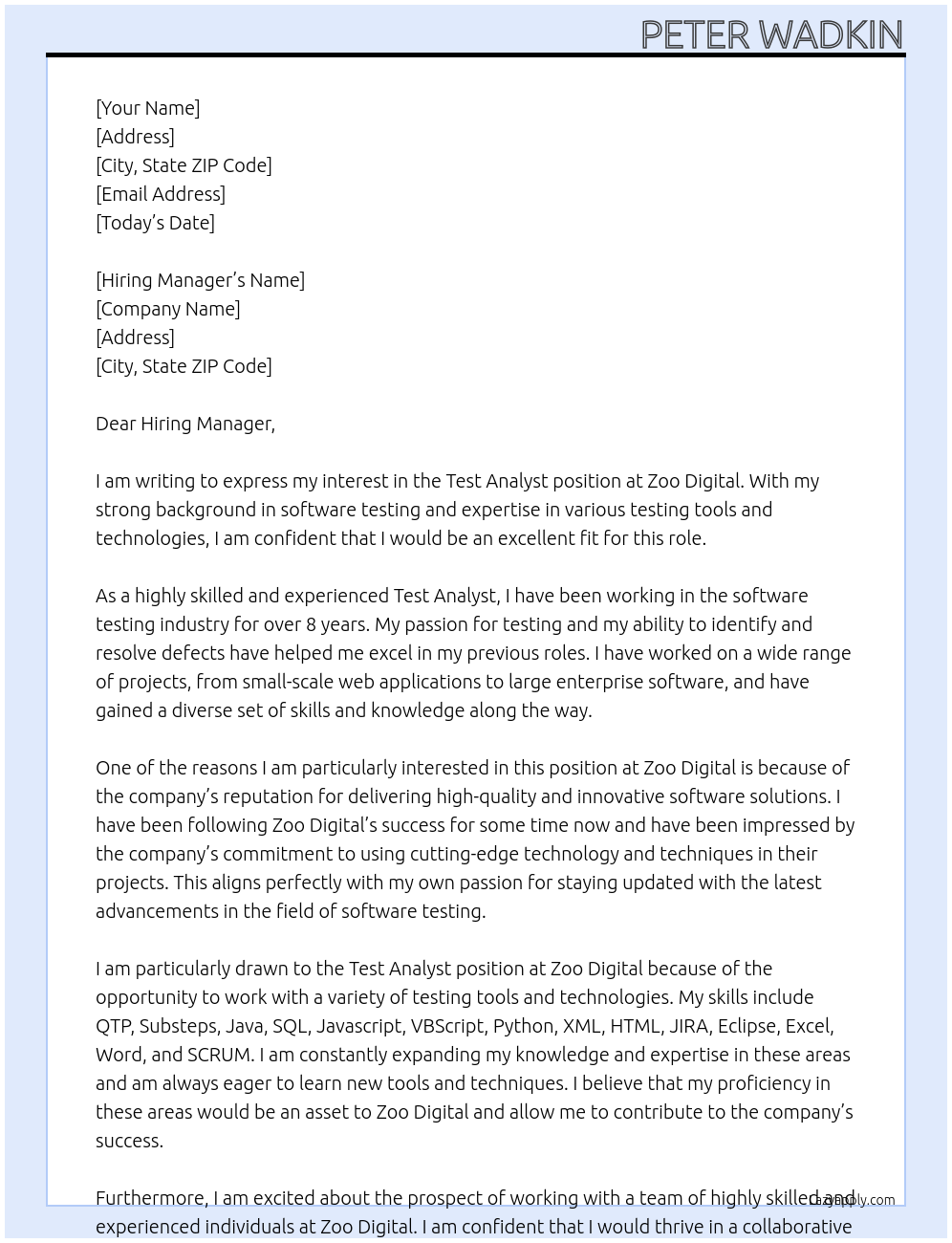 Test Analyst At Zoo Digital Cover Letter