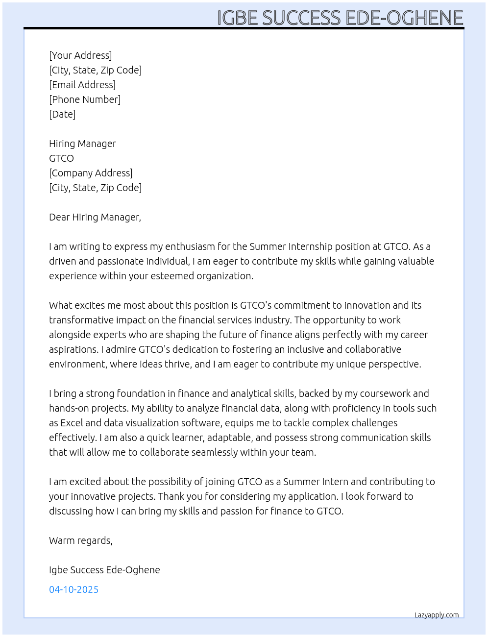 Summer internship At GTCO Cover Letter