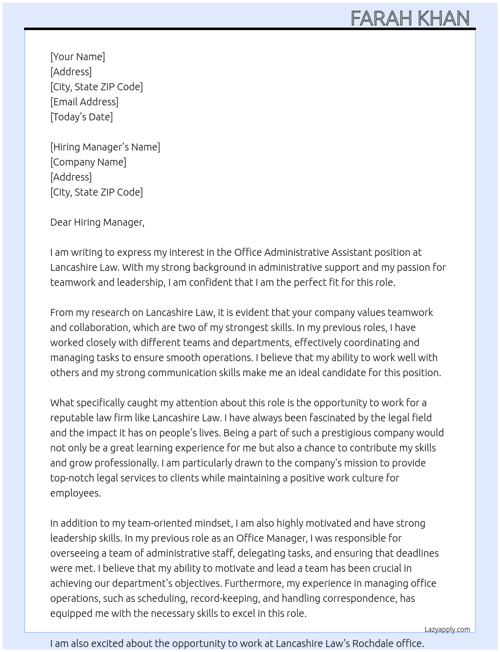 Office administrative assistant At Lancashire law Cover Letter