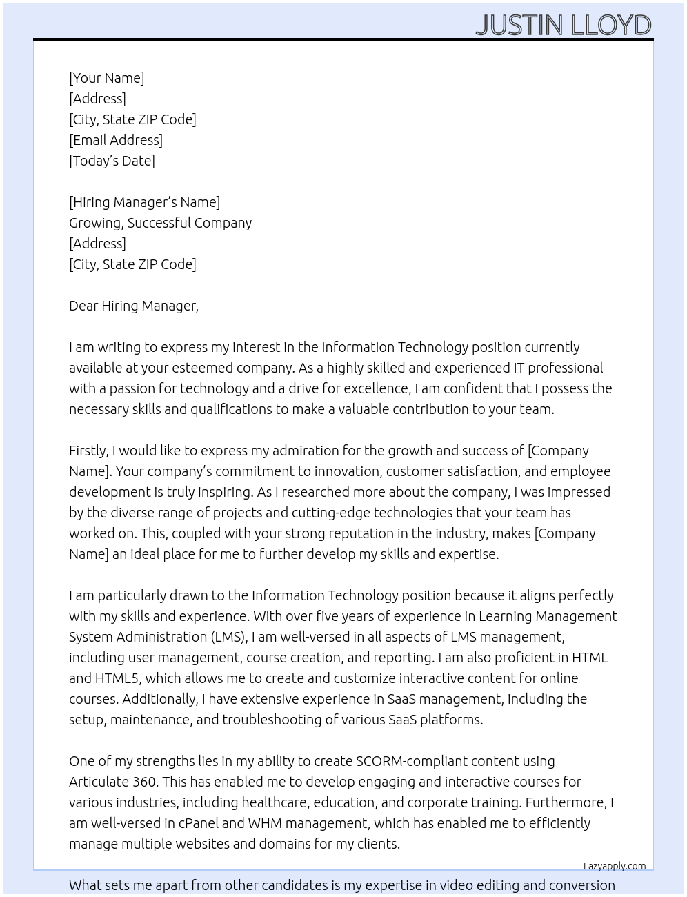 Information Technology At Growing, Successful Company Cover Letter