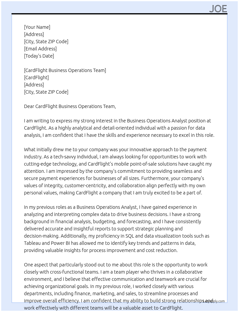 Business Operations Analyst At CardFlight Cover Letter